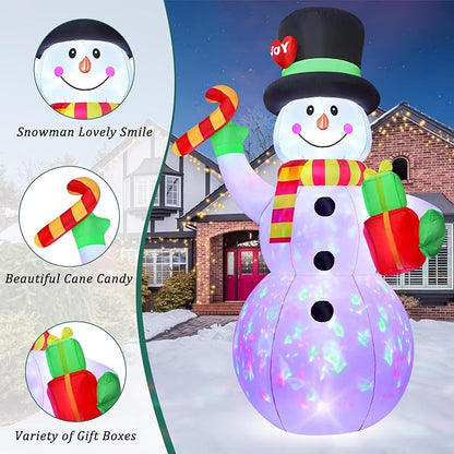 FunFanso 7FT Christmas Inflatable Snowman Outdoor Decoration, Giant Blow up Snowman Holds Candy and Gift Boxes, Built-in Rotating Colourful Lights for Yard, Garden, Patio, Lawn Xmas Holiday Decor