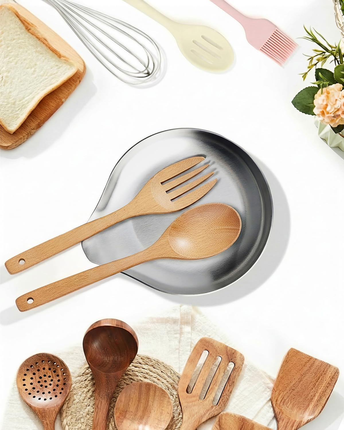 VanlonPro Stainless Steel Spoon Rest, Spatula Ladle Holder, Stainless Steel Utensil Spoon Rest Holder, Brushed Finish, Dishwasher Safe 5.9 x 5.1 Inch (Round Silver 1PC)