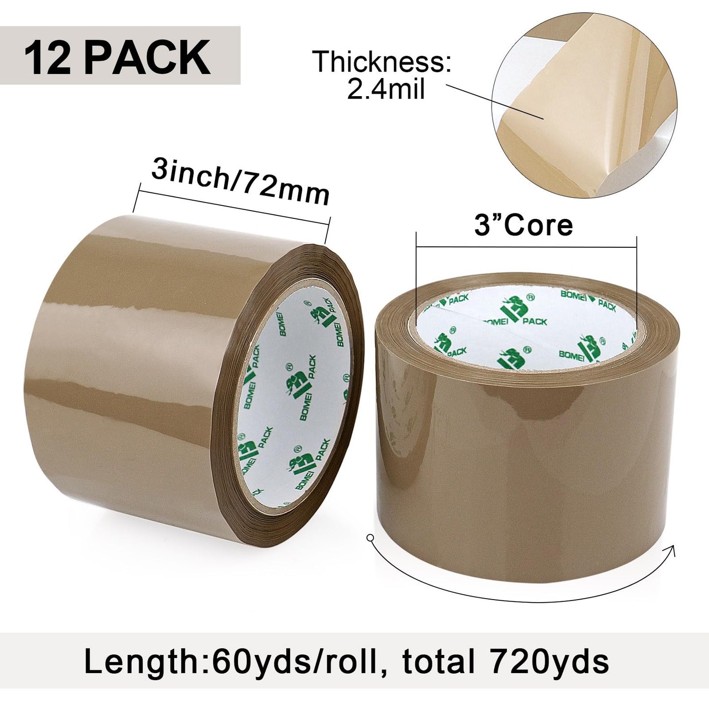 BOMEI PACK 3inch Brown Packing Tape, 12 Refills Rolls Wide Packaging Tape for Moving, Shipping and Storage, 2.4 Mil x 60 Yards