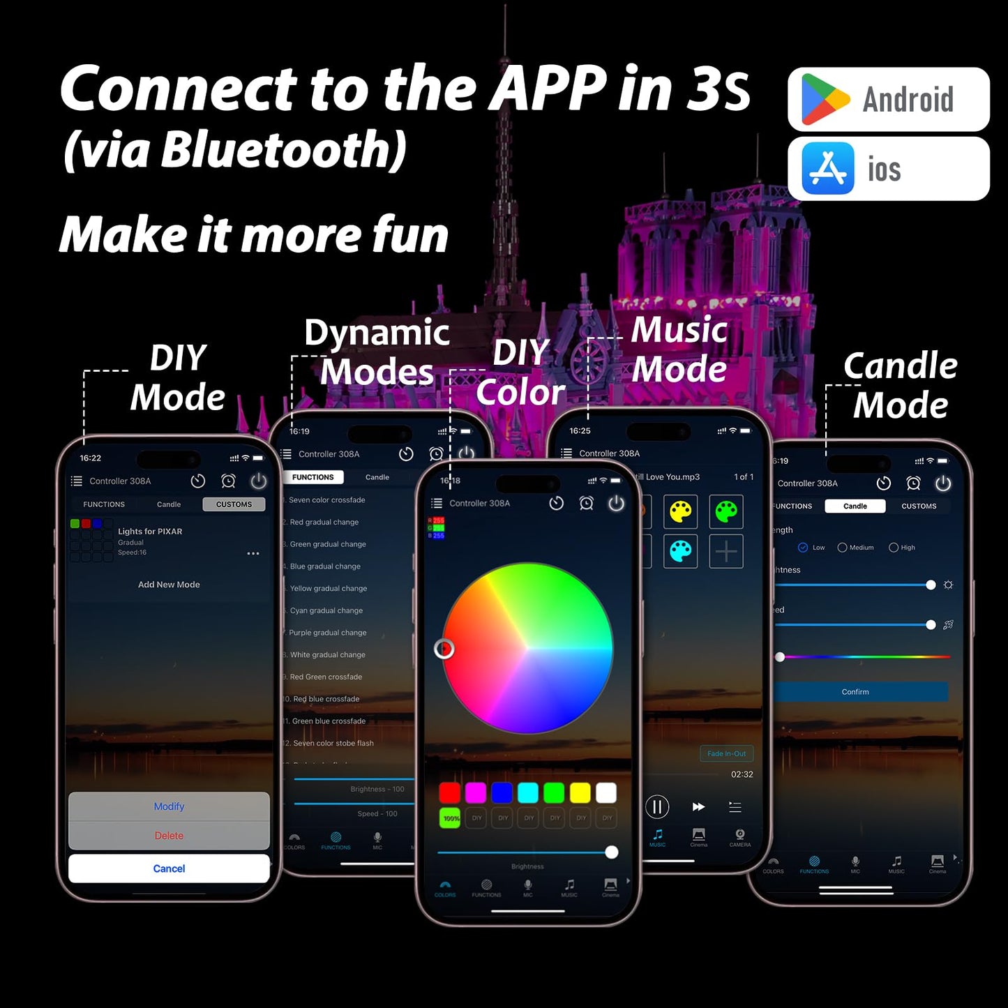Neisouf Color Changing LED Light kit Compatible with Lego 21061 Notre Dame, App and Remote Control (No Model Only Light)