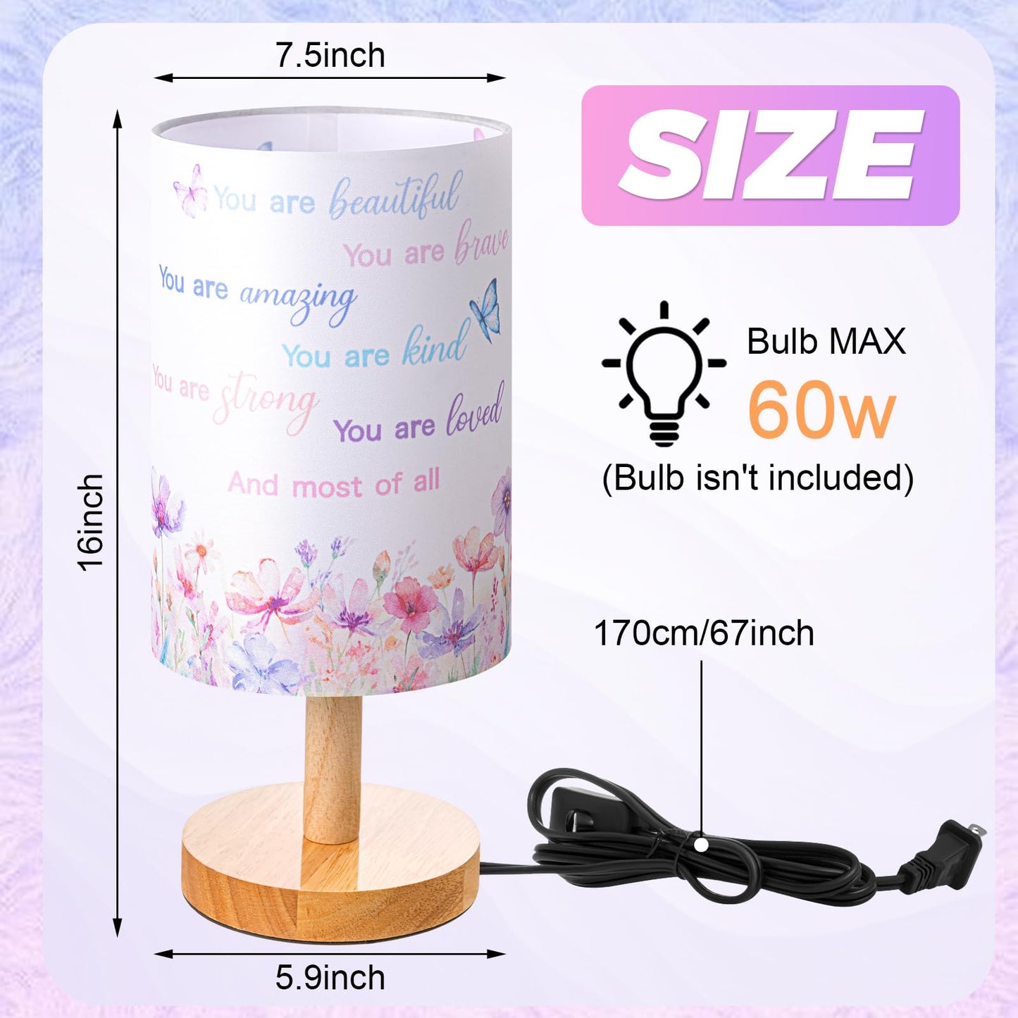 Tujoe Butterfly Girl Room Lamp Motivational Purple Desk Lamp for Kids Fabric Nightstand Table Lamps Bedside Decor for Girl Kids Reading Bedroom Living Room Home Office Christmas Gift