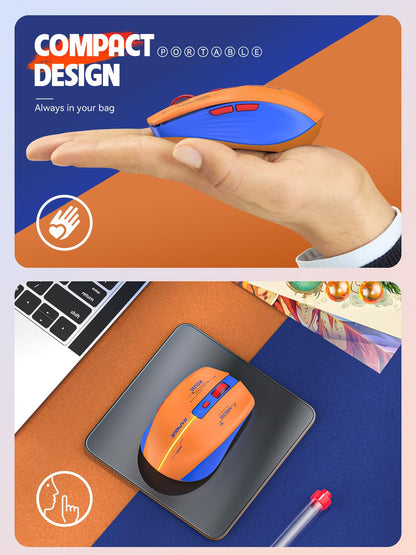 RAPIQUE Bluetooth Wireless Mouse - (BT1/BT2+USB Receiver) Dual Mode, Rechargeable, Quiet Click, Multi-Device Compatibility for Laptop, Computer, MacBook, Tablet (Blue and Orange)