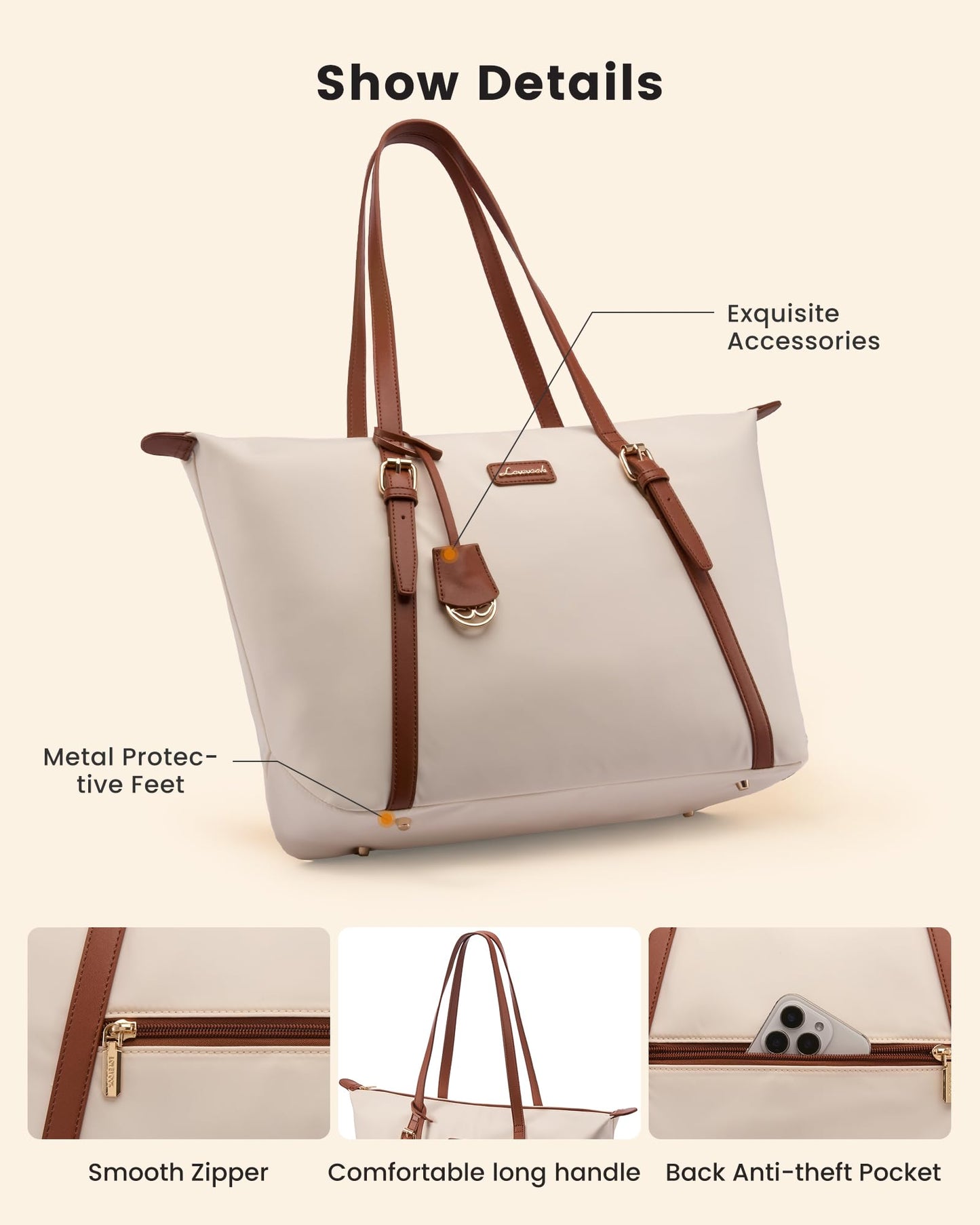 LOVEVOOK Laptop Bag for Women with Large Cup Holder, 15.6 Inch Cute Nylon Work Travel Tote Bags, Waterproof Computer Bag Shoulder Purse, Beige