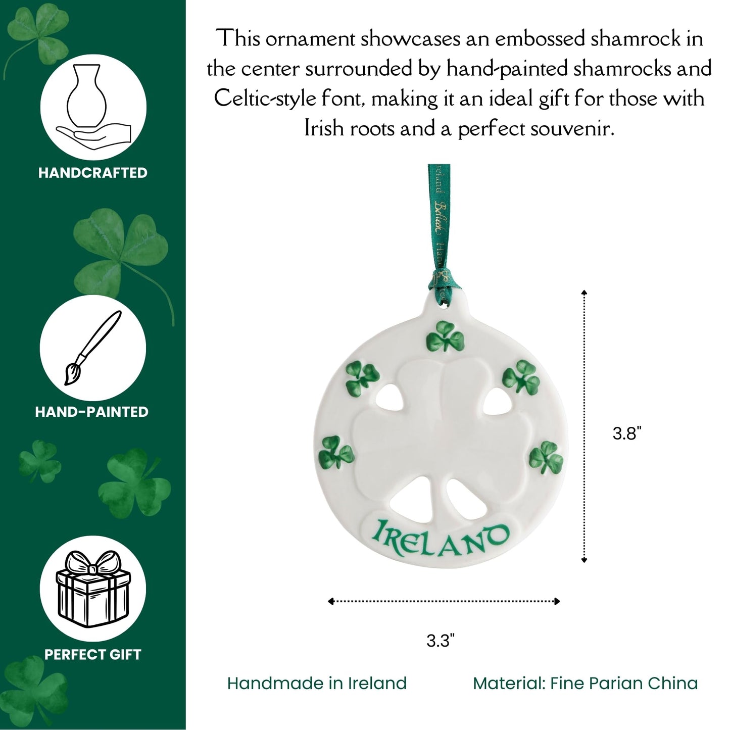 Belleek Classic Ireland Shamrock 3.8-Inch Hanging Ornament, Handcrafted Porcelain Christmas Tree Decor, White