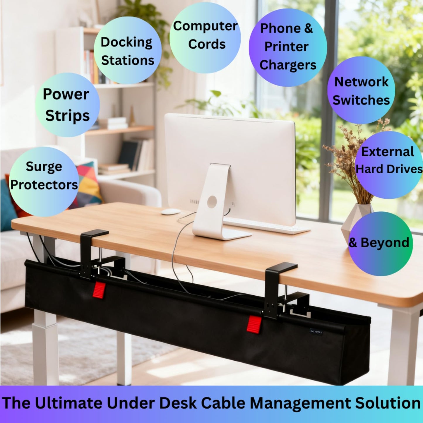 Under Desk Cable Management Tray, 48" Extra Large No Drill Cord Organizer with Easy to Clean Oxford Fabric, Clamp On Power Stripe Holder for Office, Home Office & Gaming Space