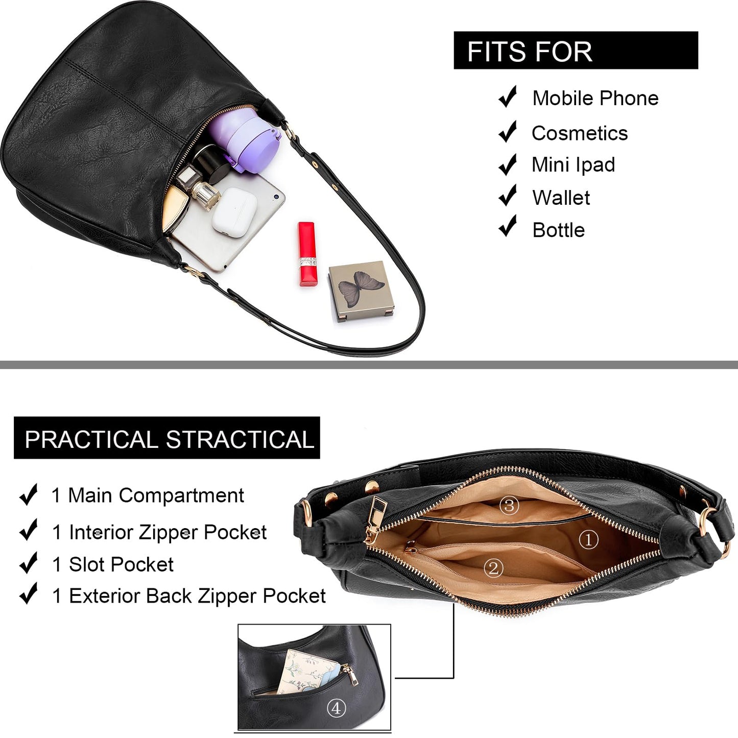 NIUEIMEE ZHOU Shoulder Bag for Women Ultra Soft Foldable Vegan Leather Crossbody Bags Tote Hobo HandBag Underarm Purses