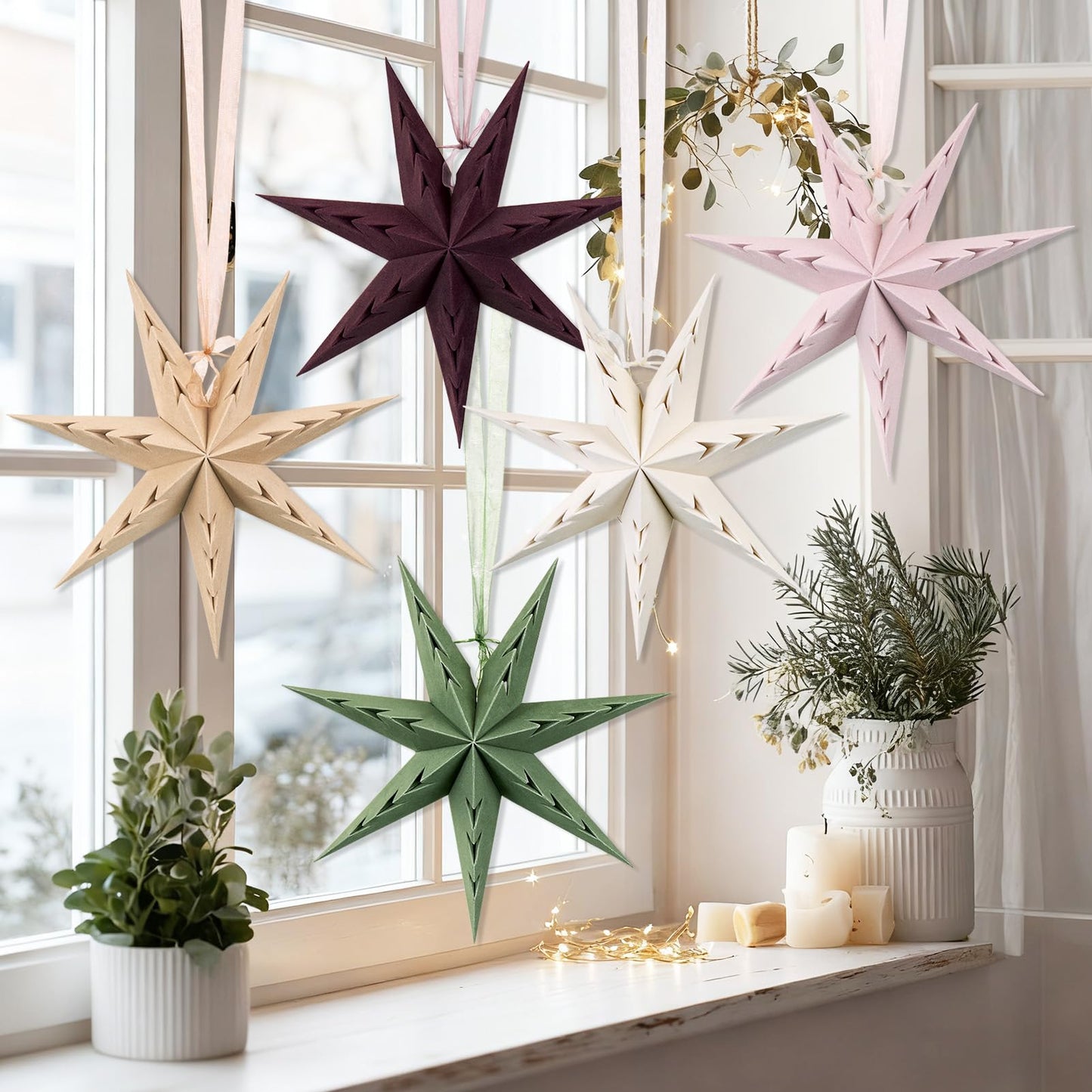 Paper Star Lanterns Hanging Boho Christmas Ornaments 5PCS 12 inch for Xmas Wedding Birthday Christmas Home Party Decorations