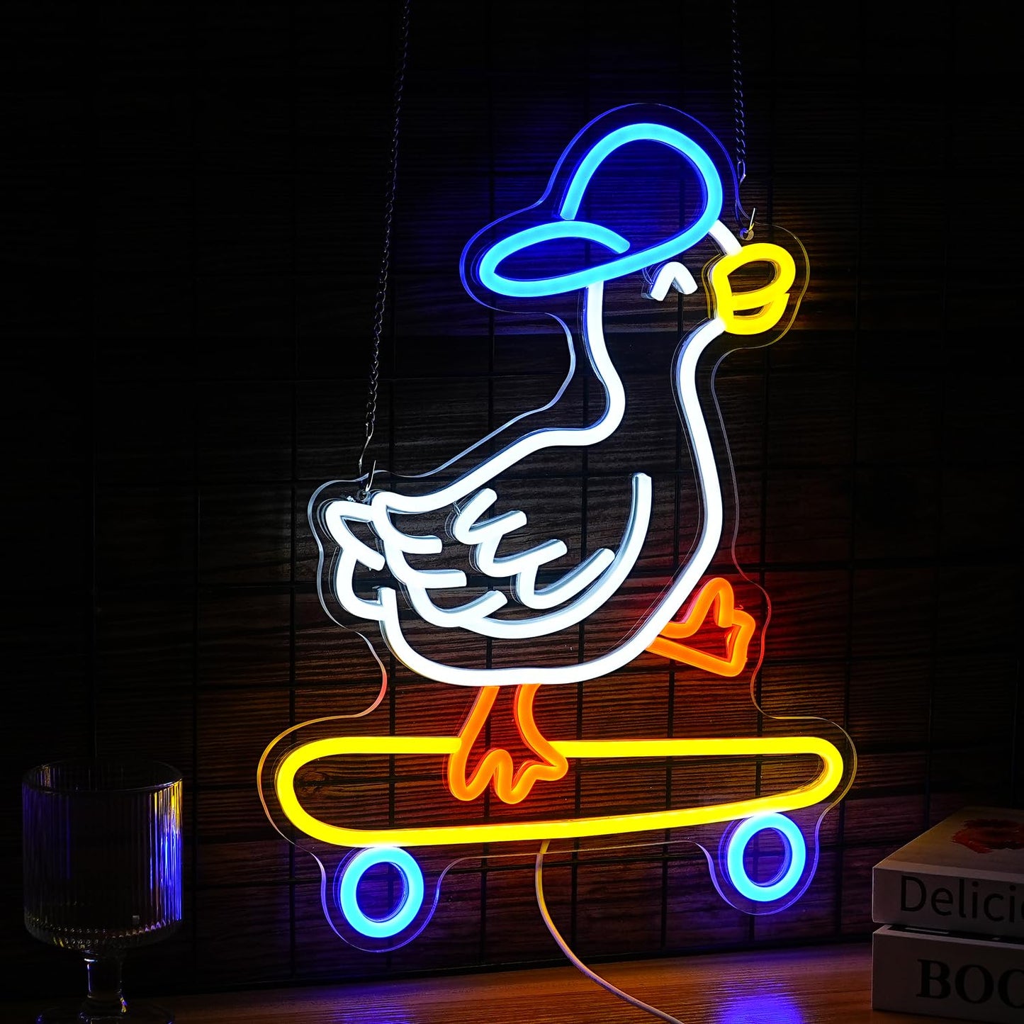 Skateboard Duck Neon Sign Dimmable LED Happy Duck Neon Light USB Powered Hat Duck Light Up Sign for Living Room Bedroom Art Wall Decor Boy Girl Gifts (16.5”*12.6”)