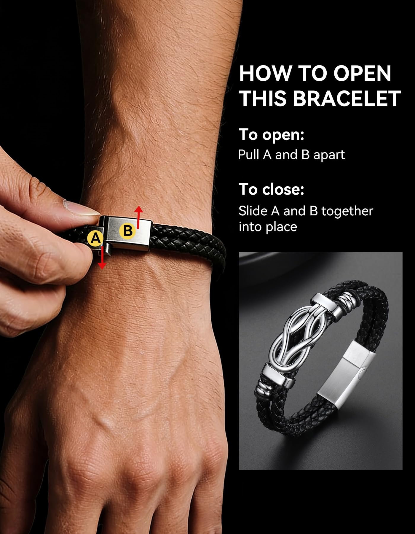 ChainsHouse Mens Leather Bracelet Idea Gift for Man Square Infinity Love Knot Braided Beaded Leather Cuff Bracelet 8.3 Inches Birthday Gifts for Men