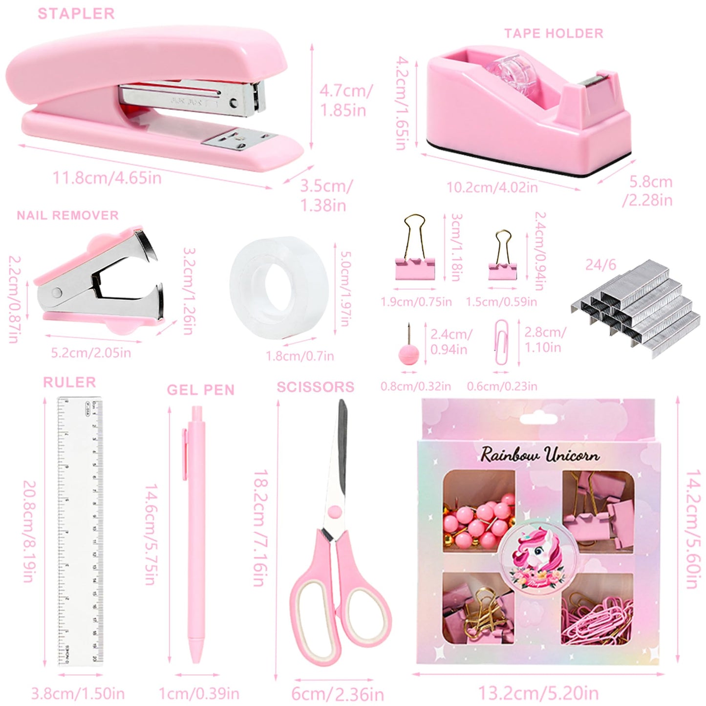 COMFYROOM Pink Desk Accessories with Pen Holder, Pink Office Supplies Desk Organizers and Accessories for women, Tape Dispenser, Stapler, Staple Remover, Staples, Clips Set, Ruler, Scissor, Pen, Tape