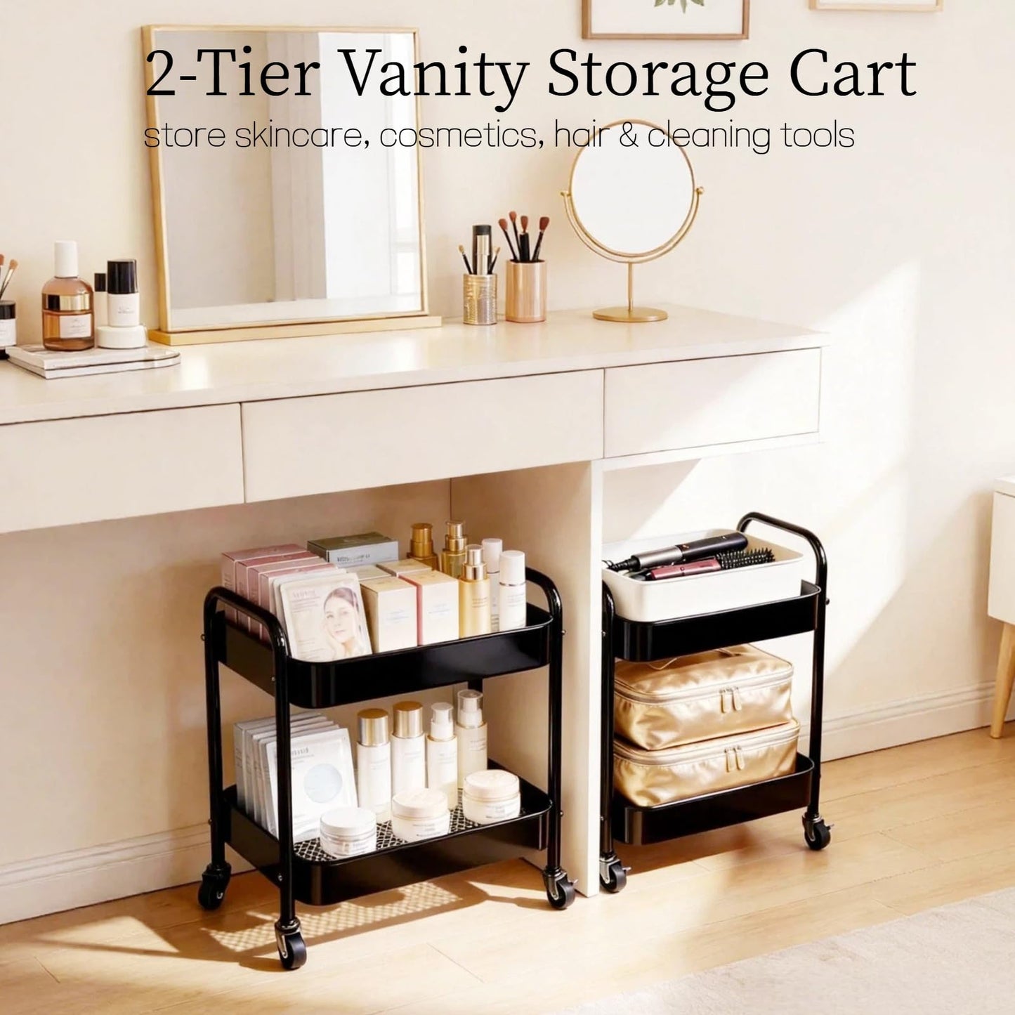 Ufriandz 2 Tier Metal Rolling Utility Cart with Wheels Under Desk Storage Cart with Handle, Roll Around Organizer Trolley for Small Space Pantry Bathroom Home Kitchen Office Snack Baby Supplies, Black