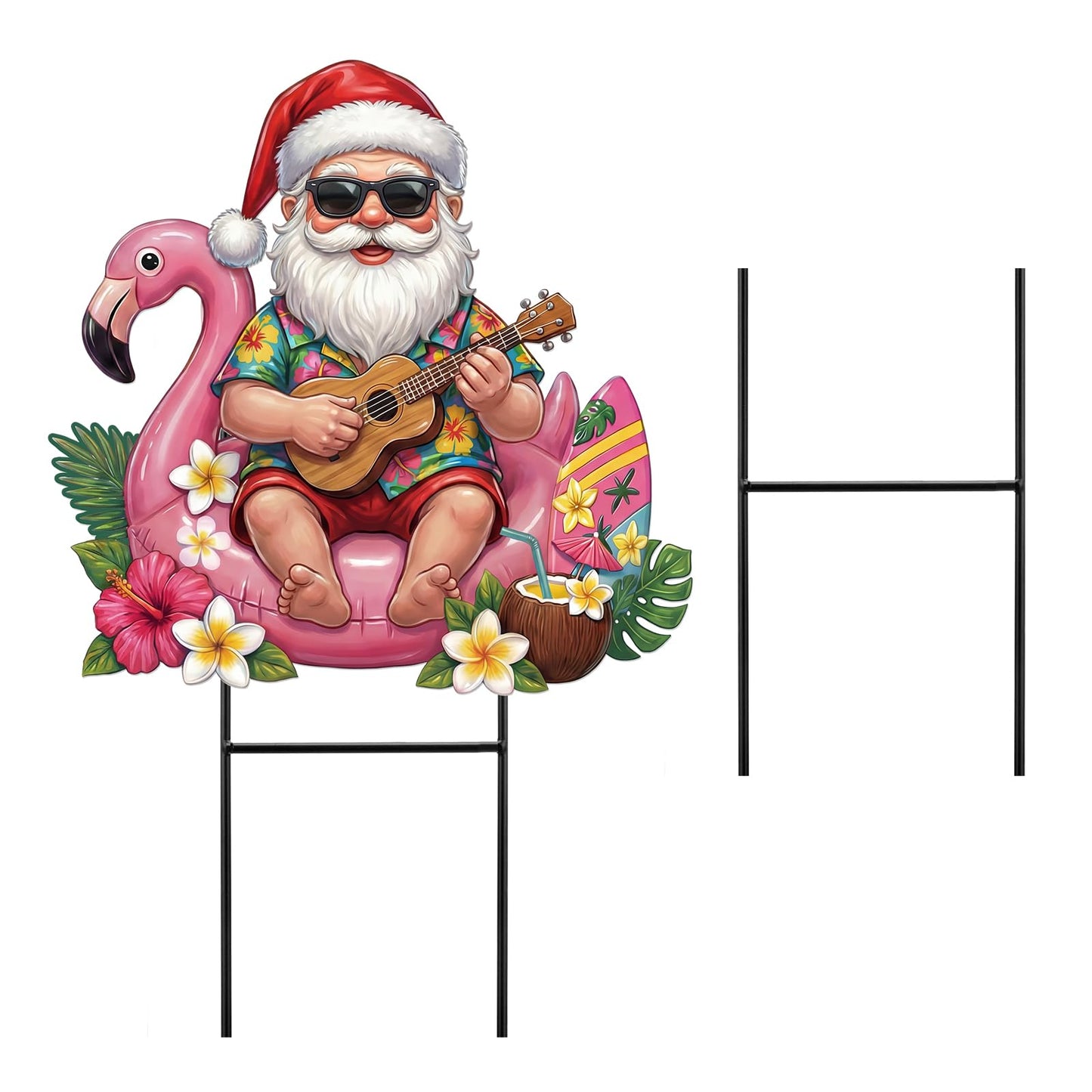 Amyhill July Christmas Outdoor Decor Summer Christmas Metal Yard Sign with Stake Tropical Flamingo Santa Claus Decorative Lawn Sign for Indoor Outside Garden Pathway Walkway Holiday Hawaii Party Decor