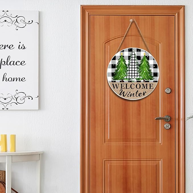 Buffalo Plaid Door Sign - 12in Pine Trees Wood Hanger for Outdoor Porch Rustic Winter Trees Hanging Plaque for Home Wall Decor