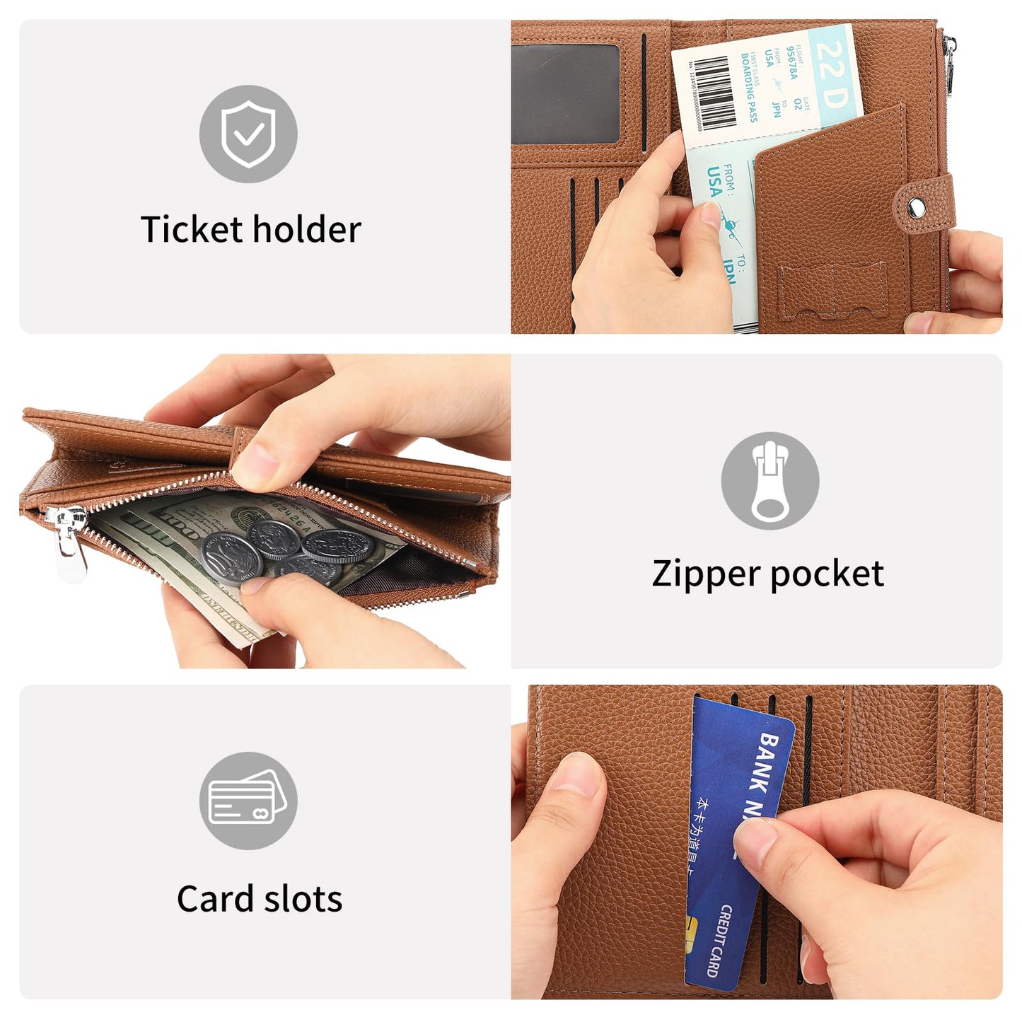 RNIEGA Passport Holder for Women Leather Passport Wallet for Travel RFID Blocking Passport Wallet Credit Card Holder with Zipper Pocket