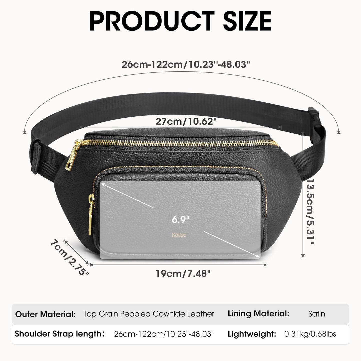 Kattee Fanny Packs for Women, Leather Crossbody Bags for Women Trendy, Small Belt Bag,Fashion Waist Packs with RFID Blocking, Black