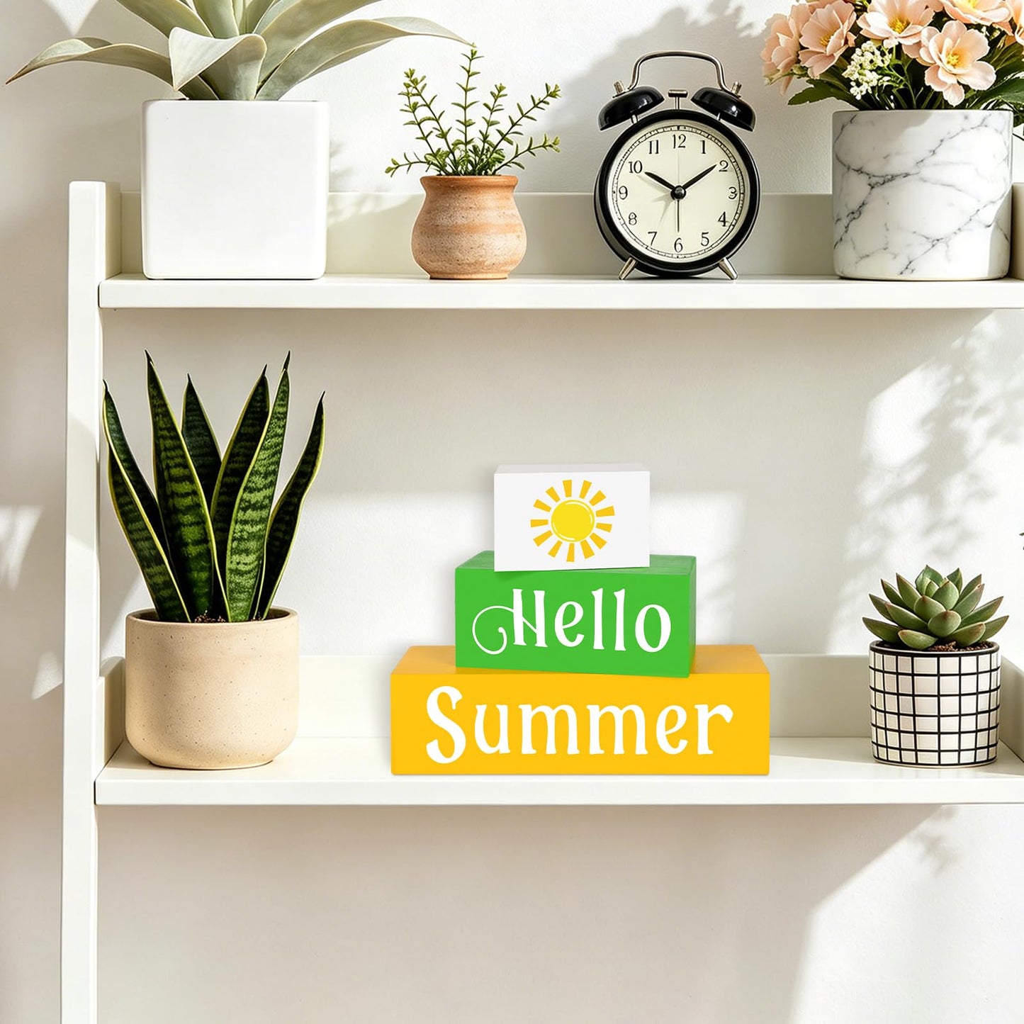 COCHIE Wooden Hello Summer Decorations Table Sign, Sunshine Beach Table Top Centerpiece Blocks Decorations for Home, Office, Mantel, Tabletop, Party, Shelf Set of 3 (Summer)