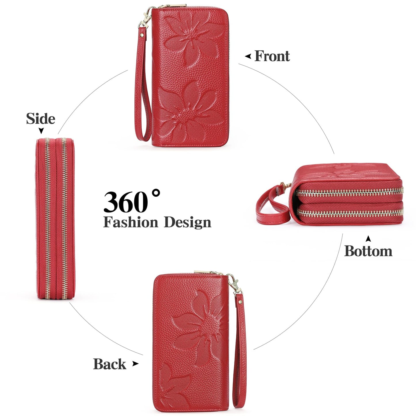 GOIACII Women's Wallet Large Capacity Double Zip Around Credit Card Holder Leather Ladies Wallet with RFID Blocking Phone Wristlet Purse Red