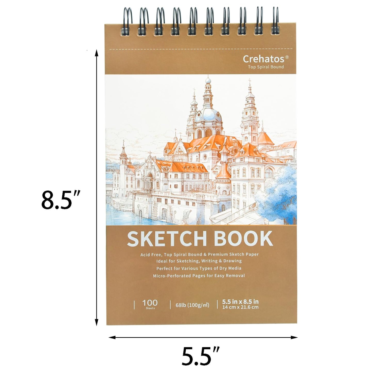 Crehatos 5.5" x 8.5" Small Sketch Book, Top Spiral Bound Sketch Pad, 100 Sheets Each 68lb/100gsm Drawing Paper, 2 Pack
