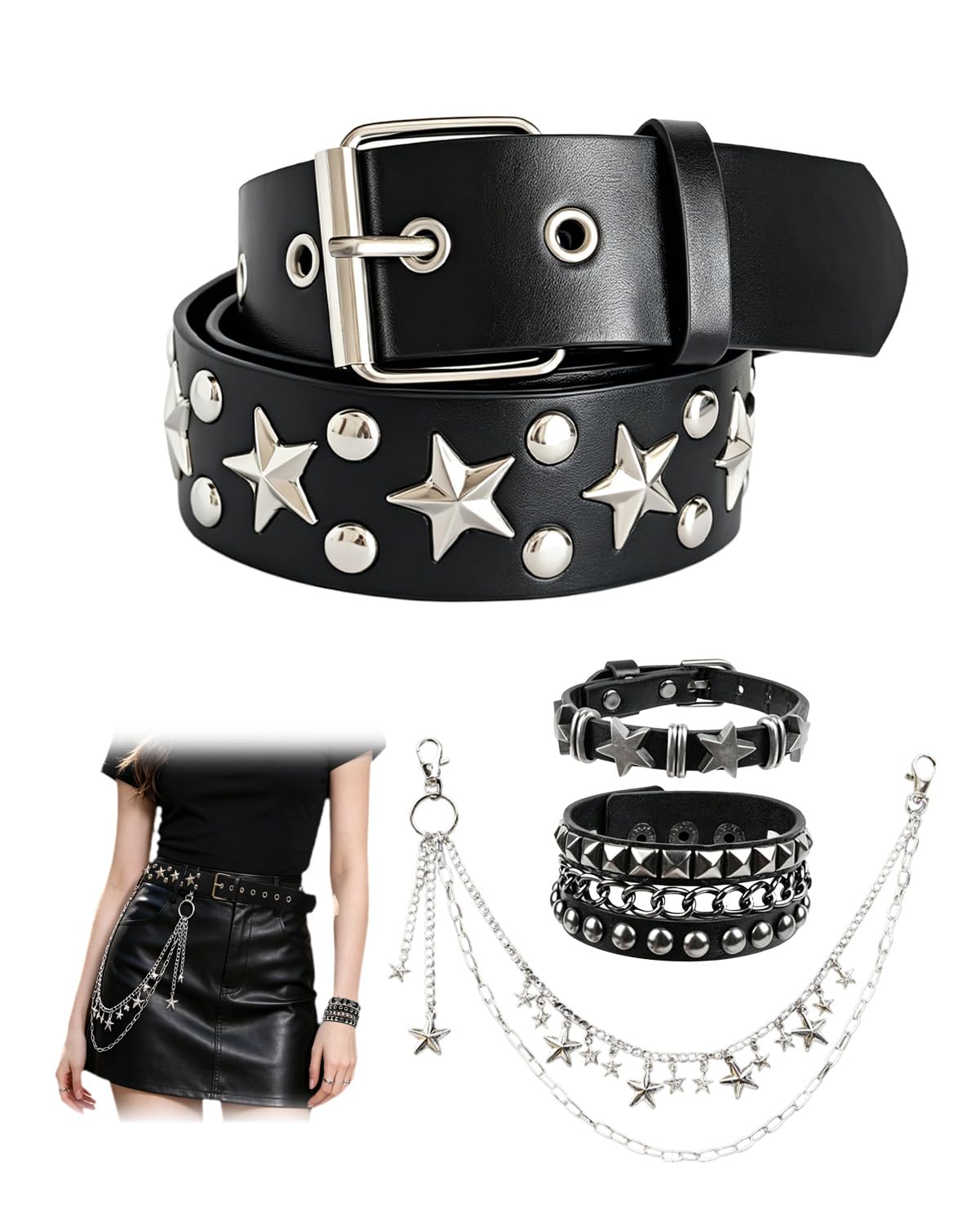 KRLBZER Y2K Star Studded Belt with Silver Star Pants Chain Punk EmoBlack Studded Belts Gothic Grunge Rock Fashion Accessory (4Pcs)