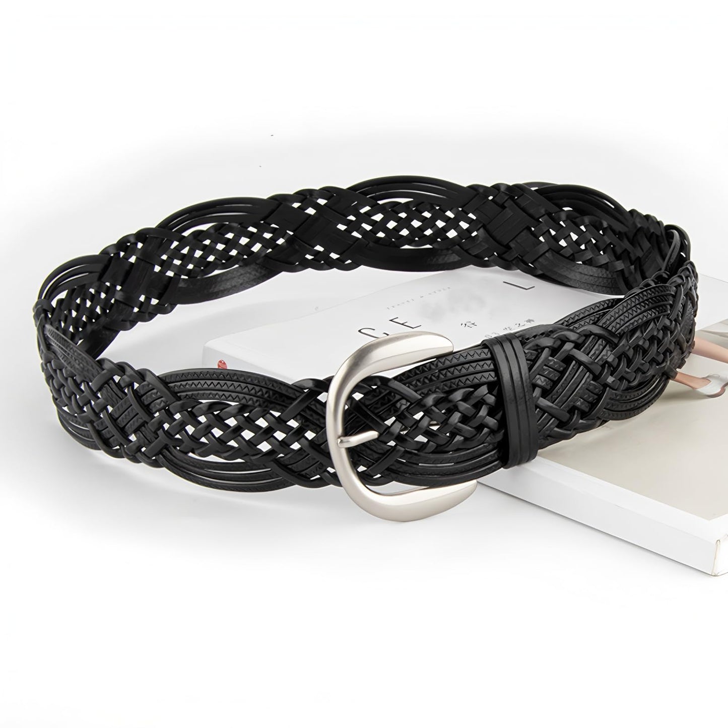 ANNULOYA Women's Wide Braided Leather Belt with Silver Buckle, Hand-Woven Design with Silver Buckle (Black, 110cm/Suit 23"-41")