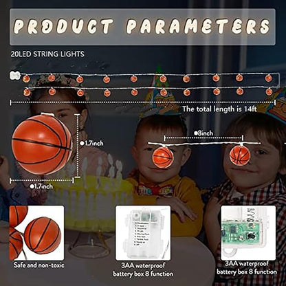 Basketball String Lights, 14ft 20 LED Battery Powered Indoor, Sports Decoration Ball Sport Theme Party Decorative Lights,Birthday Decorations,Football Lovers Gift(8Mode)