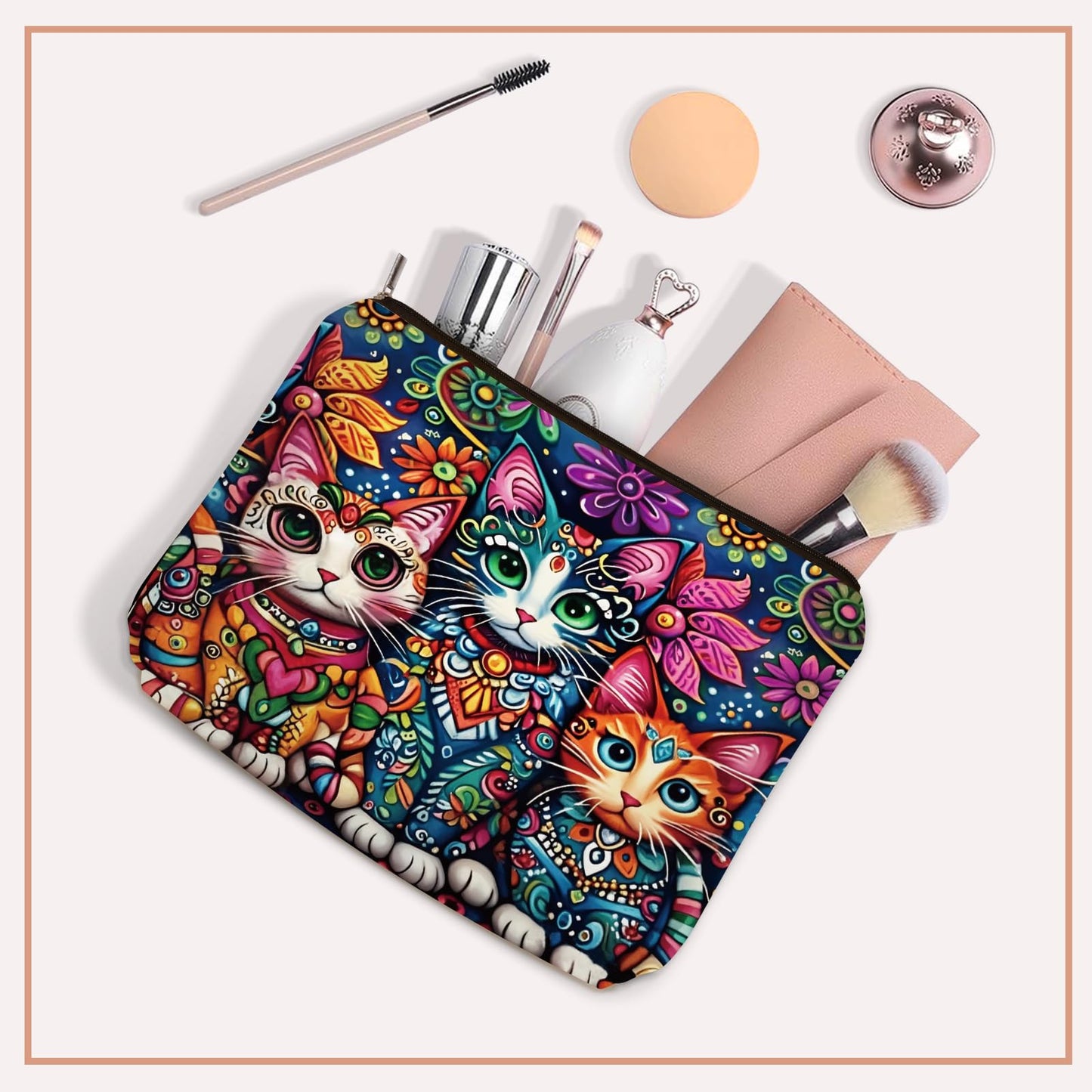 Girlly Mom Bohemian Cat Makeup Bag Gift: Cute Boho Cats Themed Cosmetic & Toiletry Organizer Pouch For Daughters, Sisters, Friends,Teen Girls & Women.Ideal Gift For Travel, Birthdays.