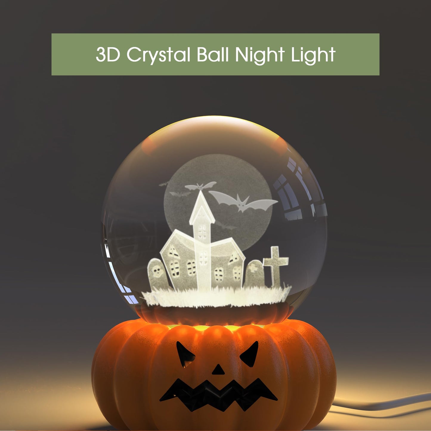 L LOHAS LED 3D Crystal Ball Night Light-Laser Engraved Haunted House Bat with Pumpkin Base,Cute & Funny Halloween Night Light for Kids, 3000K Warm White for Halloween Party Decor