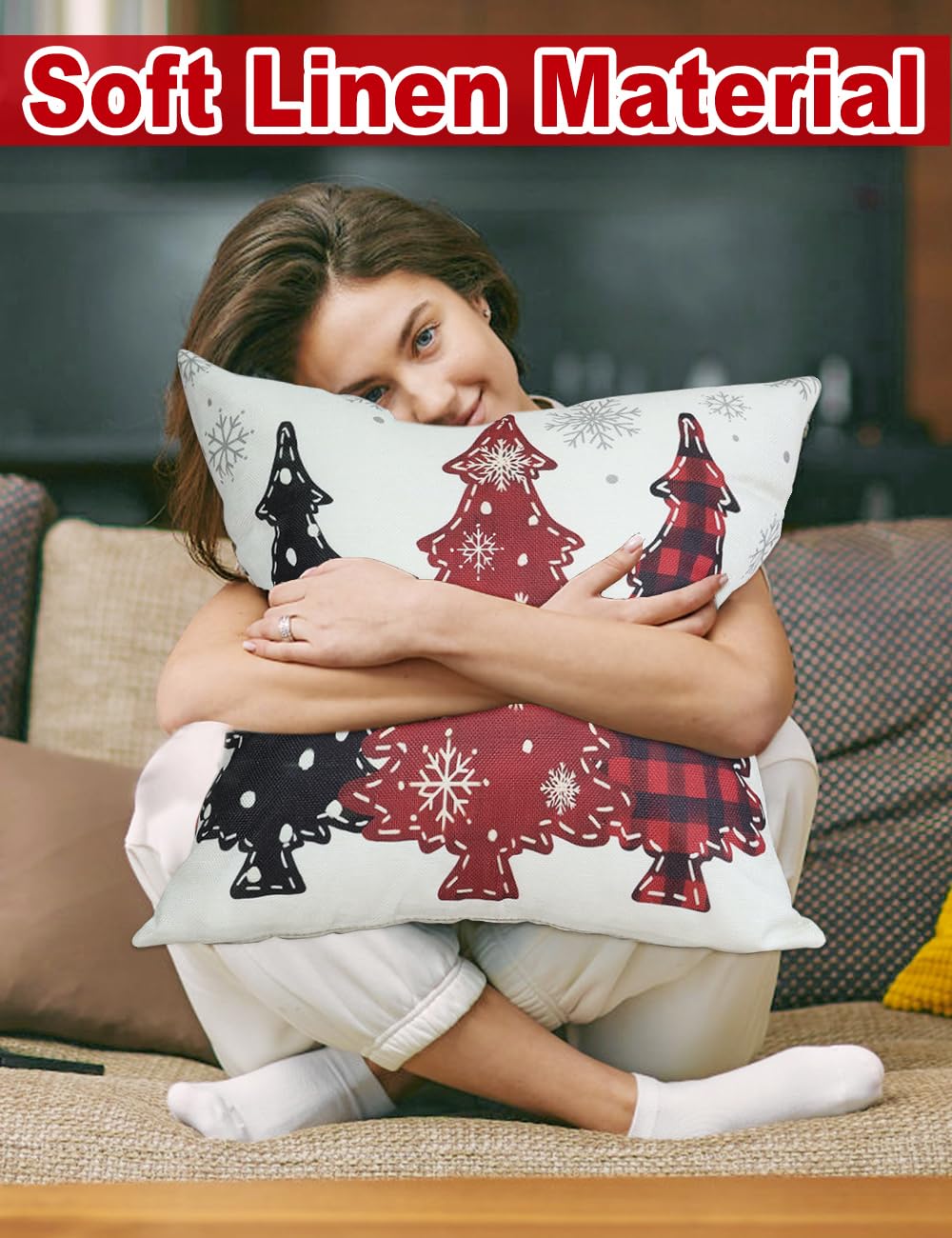 Double-Sided Print Christmas Pillow Covers 18''x18'', Set of 4, 8 Christmas Patterns Christmas Tree, Snowman, Snowflakes, Merry Christmas, Deer, Santa Claus,Truck, Let It Snow, Soft Linen Material