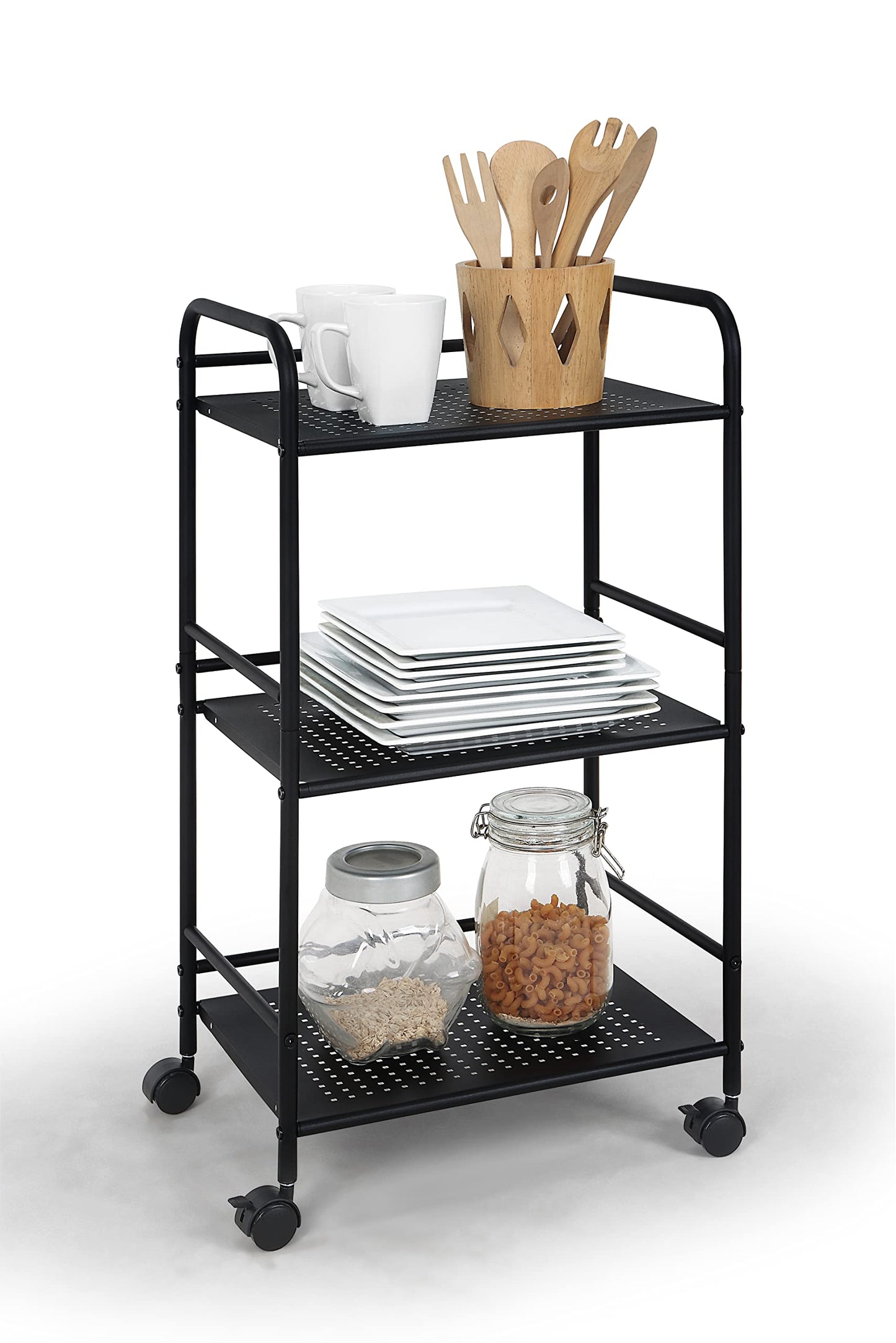 SunnyPoint 3-Tier Rolling Utility Cart – Metal Storage Organizer with Wheels, Mobile Kitchen Cart, Office & Home Organizer, Black, 12" D x 16.92" W x 31.1" H
