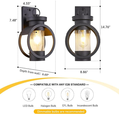 Motion Sensor Industrial Outdoor Sconce Modern Exterior Wall Mounted Light Fixture Waterproof Outdoor Wall Lantern, Matte Black Outside Lamp with Seeded Glass for House, Porch, Garage