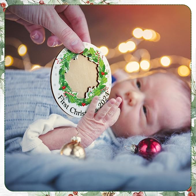 Blulu 24 Pcs Baby First Christmas Photo Ornament 2025 Christmas Pictures Frame Bulk Christmas Hanging Picture Frames Wooden for Xmas Tree Baby Gifts Keepsake