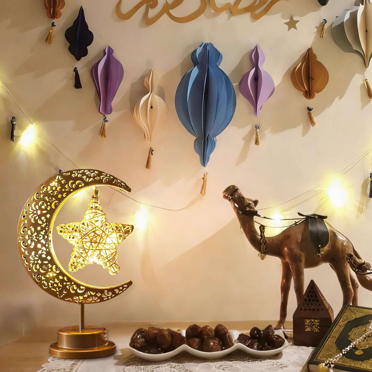 Lifnatty Ramadan Decorations Moon Lamp, Ramadan Decor for Home, Eid Mubarak Decorations, Ramadan Eid Gifts, Enchanted Lunar Table Lamp, Half Moon Lights, Battery Operated Moon Star Night Light