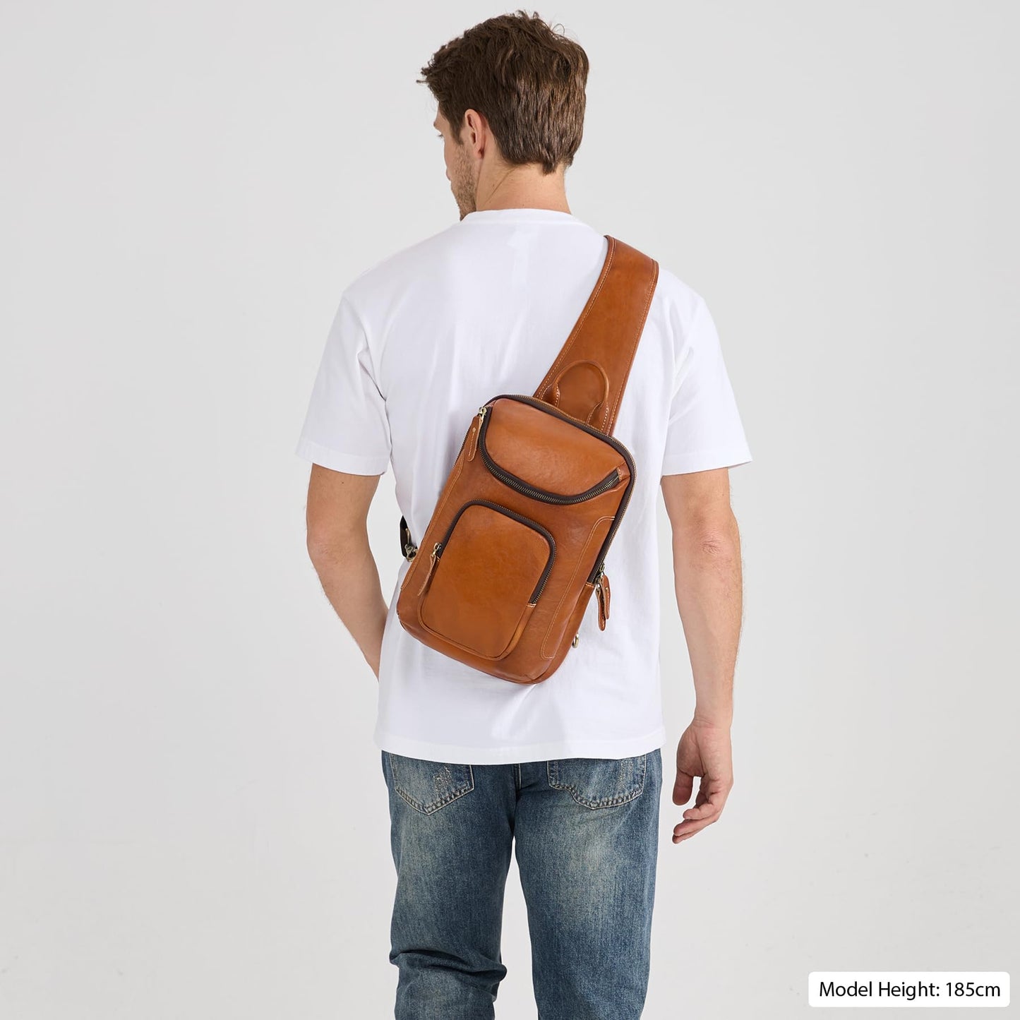LANNSYNE Vegetable Tanned Leather Sling Bag For Men Fits 10.5" iPad, Crossbody Chest Daypack