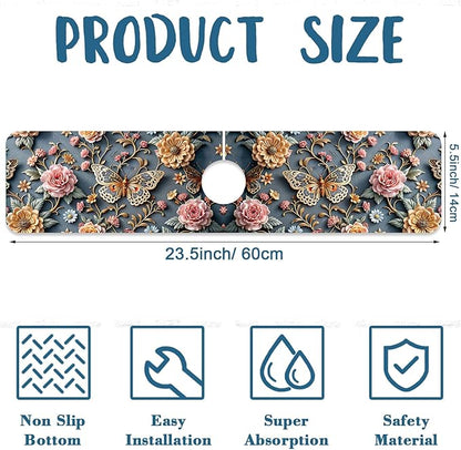 Gold Butterfly Kitchen Sink Splash Guard Faucet Mat Pink Floral Super Absorbent