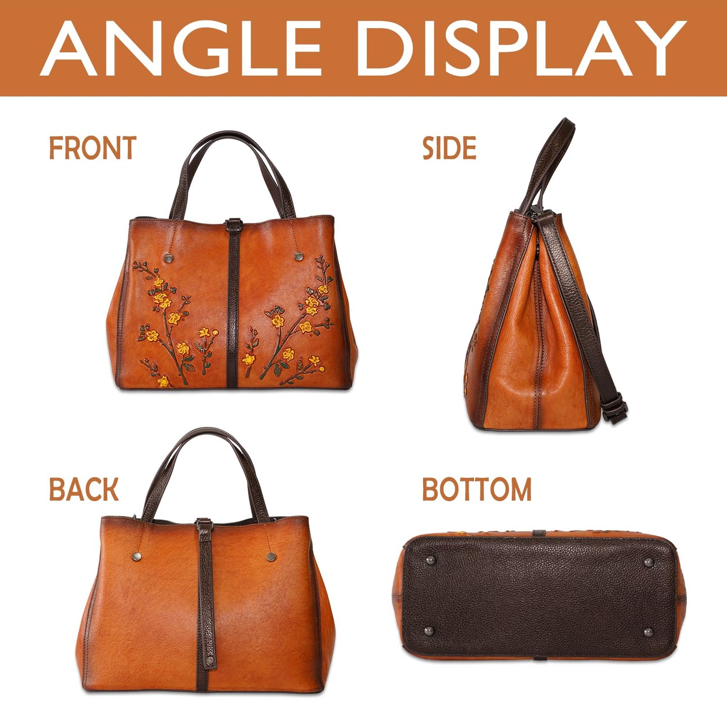 SHARPAD Genuine Leather Satchel for Women Top Handle Bags Handmade Purse Vintage Embossed Leather Crossbody Handbags Hobo Bag (Brown-2)