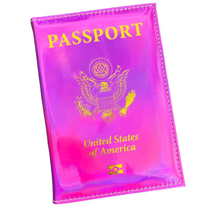 Pretty Little Passports Chrome Holographic Iridescent USA Passport Holder Cover Wallet - Unisex Adults - Faux Leather - RFID Protected - Pink & Gold