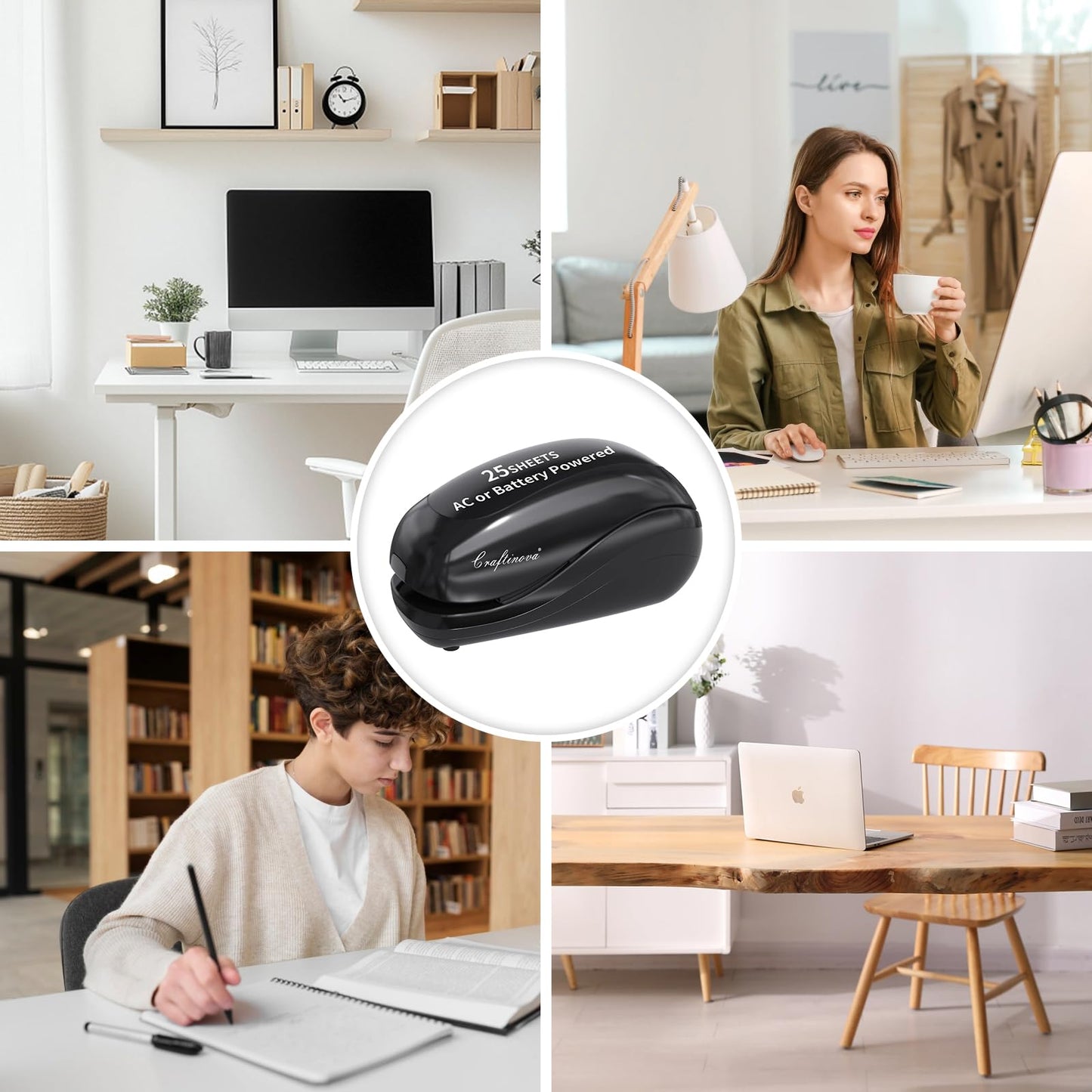 Craftinova Electric Stapler,Including 2000 Staples and 1 Staple Remover, Suitable for Palm Size and high Comfort，25 Sheet Capacity, AC Adapter or Battery Powered，Battery not Included，(Black)…