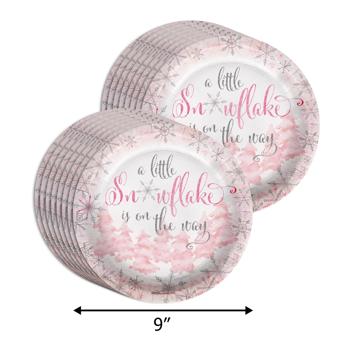 A Little Snowflake is On The Way Girl's Baby Shower Party Supplies - 64 Piece Winter Baby Shower Tableware Set Includes Large 9" Dinner Plates and 8" Dessert Paper Plates Napkins Cups - Kit for 16