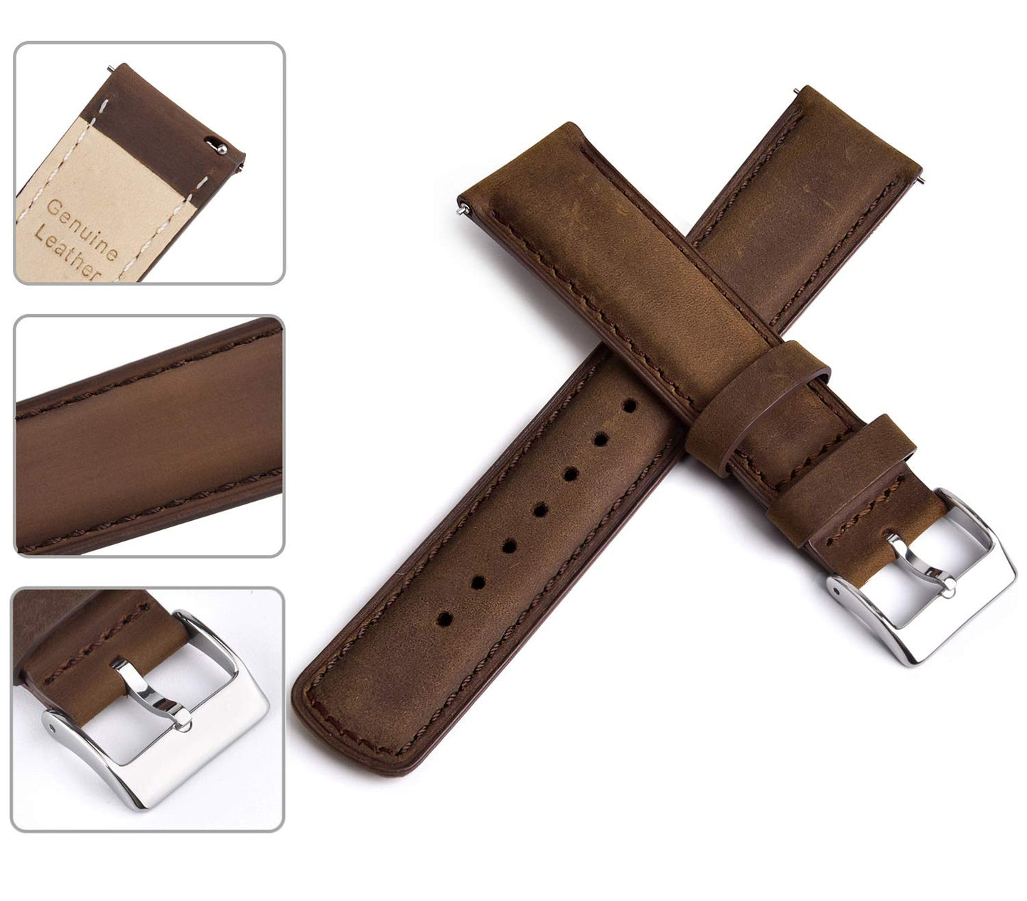 Ritche Genuine Classic Vintage Quick Release Leather Watch Band 18mm Leather Watch Strap (Espresso Brown), White Elephant Gifts, Stocking Stuffers for Men, Father's Day gifts