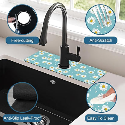 Cute Daisy Sink Faucet Absorbing Mat White Daisies Super Absorbent Fast Drying
