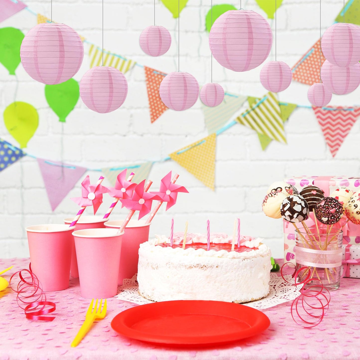 20Pcs Pink Paper Lanterns for Parties, 6” 8” 10” 12” Chinese Asian Hanging Round Paper Lanterns for Birthday Wedding Halloween Christmas Home Decor Party Decor