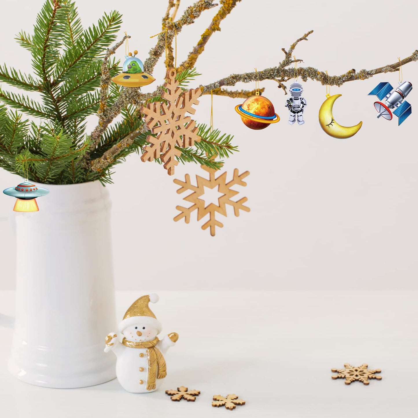 36 Pcs Space Christmas Tree Ornament Wood Christmas Space Gifts Planet Outer Astronaut Ornament Decor Wooden Hanging Xmas Spacecraft Decorations Xmas Holiday Party Supplies for Kids Rocket Ship Decor