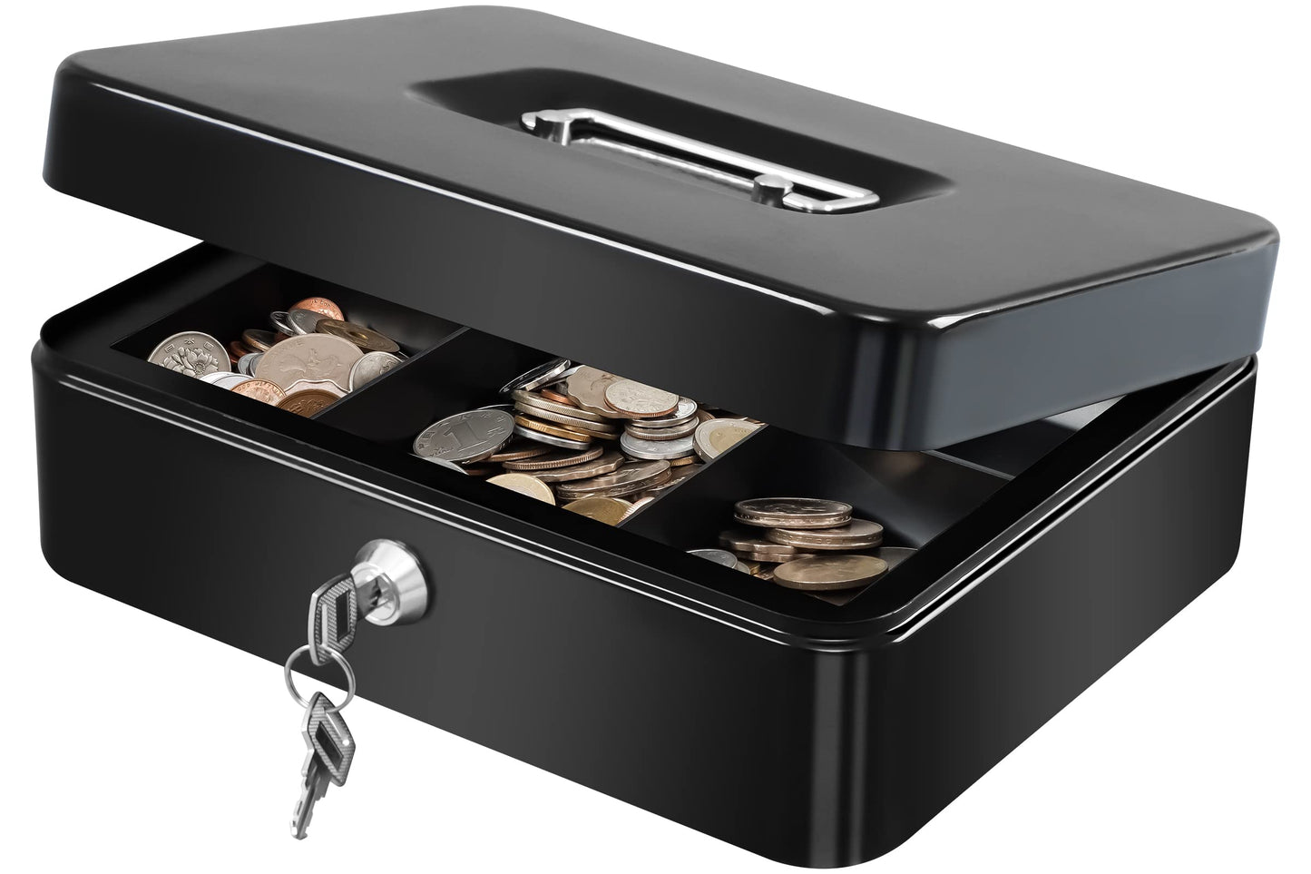 KYODOLED Large Cash Box with Removable Money Tray, Key Lock Metal Storage Box with 2 Keys & Portable Handle, Safe Cash Drawer, 9.84"x 7.87"x 3.54", Black Large