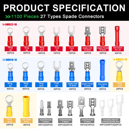 Twidec/1100pcs Wire Connectors Kit,Insulated Electrical Wire Terminals,Waterproof Crimp Connector kit Includes Spade Fork Ring Bullet Insulated Connectors Wire connectors and Wire Crimper Tool