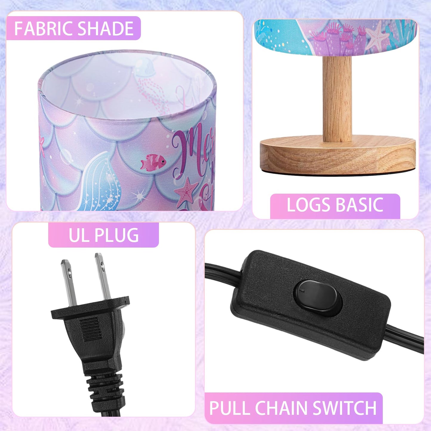 Tujoe Mermaid Lamps Summer Ocean Fabric Nightstand Table Lamp Purple Desk Lamp Bedside Gift Decor for Kids Reading Bedroom Living Room Home Christmas Gift