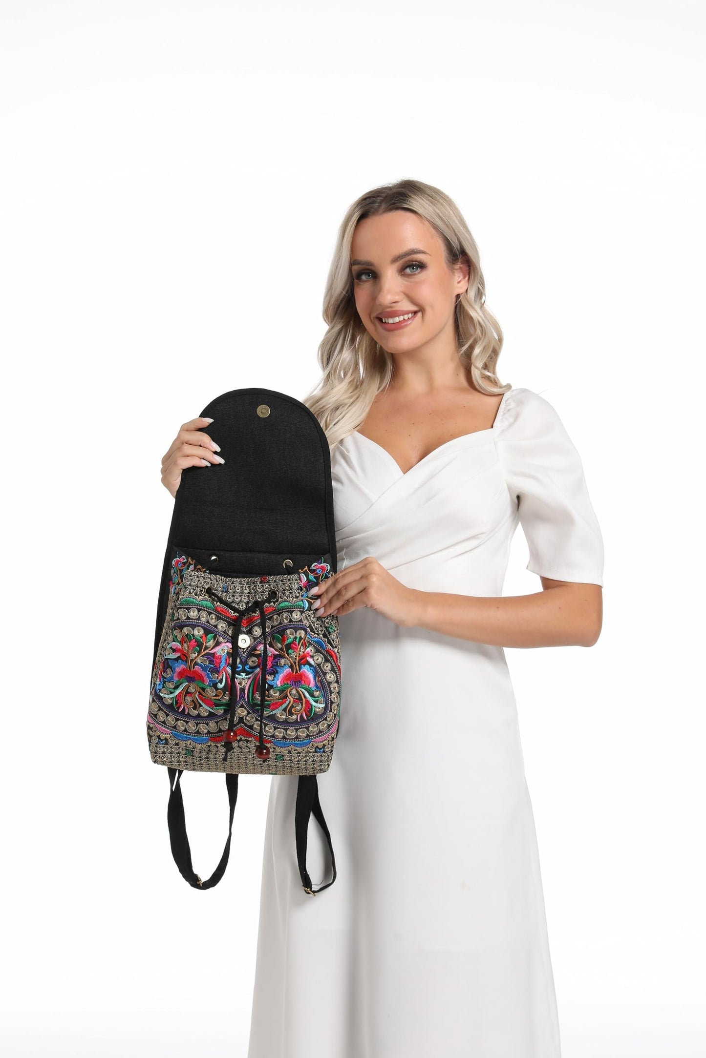 levayhill Women Vintage Embroidery Ethnic- Backpack- Flower Shoulder Bag Purse,Fashion Handbag Small Drawstring Casual Travel Daypack (Embroidered Backpack)