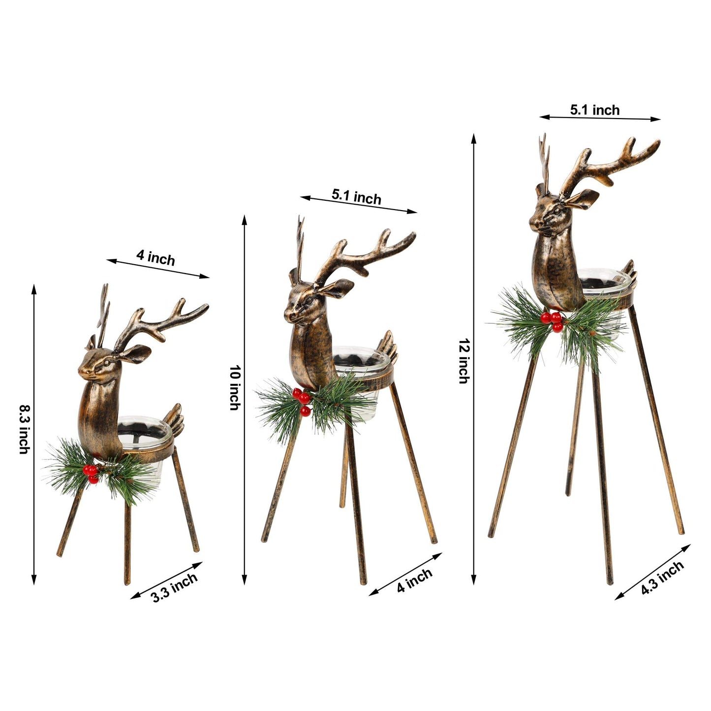 Juegoal Set of 3 Reindeer Tealight Candle Holders, Standing Iron Metal Christmas Decorations, Glass Votive Candle Holder, Durable and Rust-Proof Holiday Tabletop Centerpiece and Display