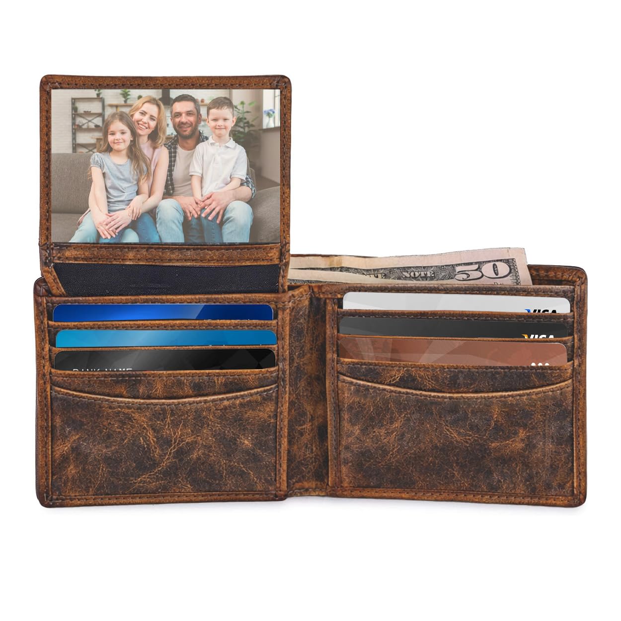 Voolup Men's Leather Wallet, RFID Blocking Slim Bifold Wallet for Men – Top Grain Leather, 12 Card Slots, 2 ID Windows, Minimalist Front Pocket Wallet, Gift Box Included (Rustic Brown)