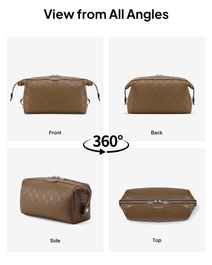 TOPEAST Travel Makeup Bag Cosmetic Bags for Women, 3 Pcs Set Make Up Toiletry Bag with Removable Zip Purse, Waterproof Leather Makeup Brush Organizer for Travel Essentials, Brown