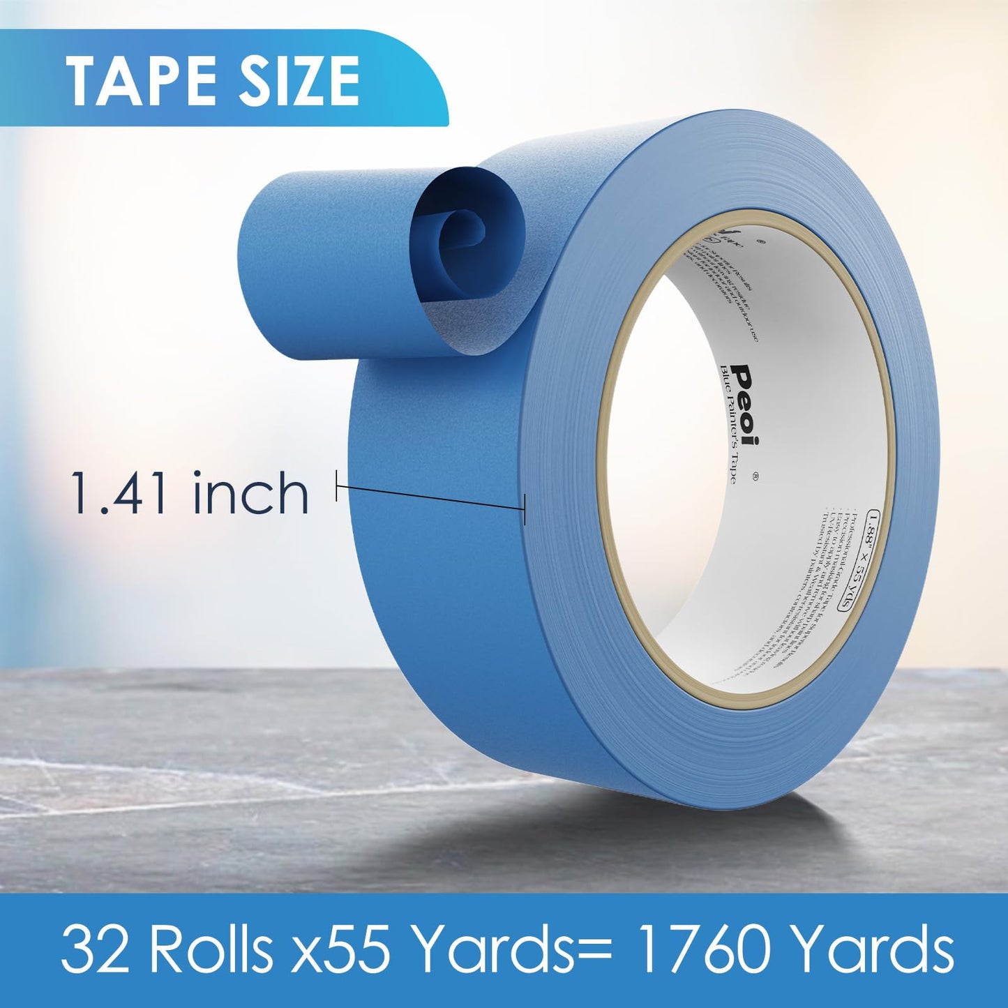 Peoin Blue Painters Tape 1.5 Inch Bulk, 32 Roll Painting Tape Blue Masking for Painting Wall DIY Edge, Paint 1.41 Inch 55 Yards X 32 Rolls 1760 Total Yards